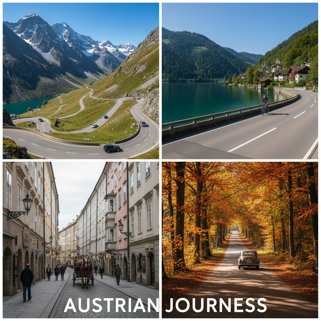 Collage: Alpenpass, Seeuferstraße, historische Stadt, Herbstwald