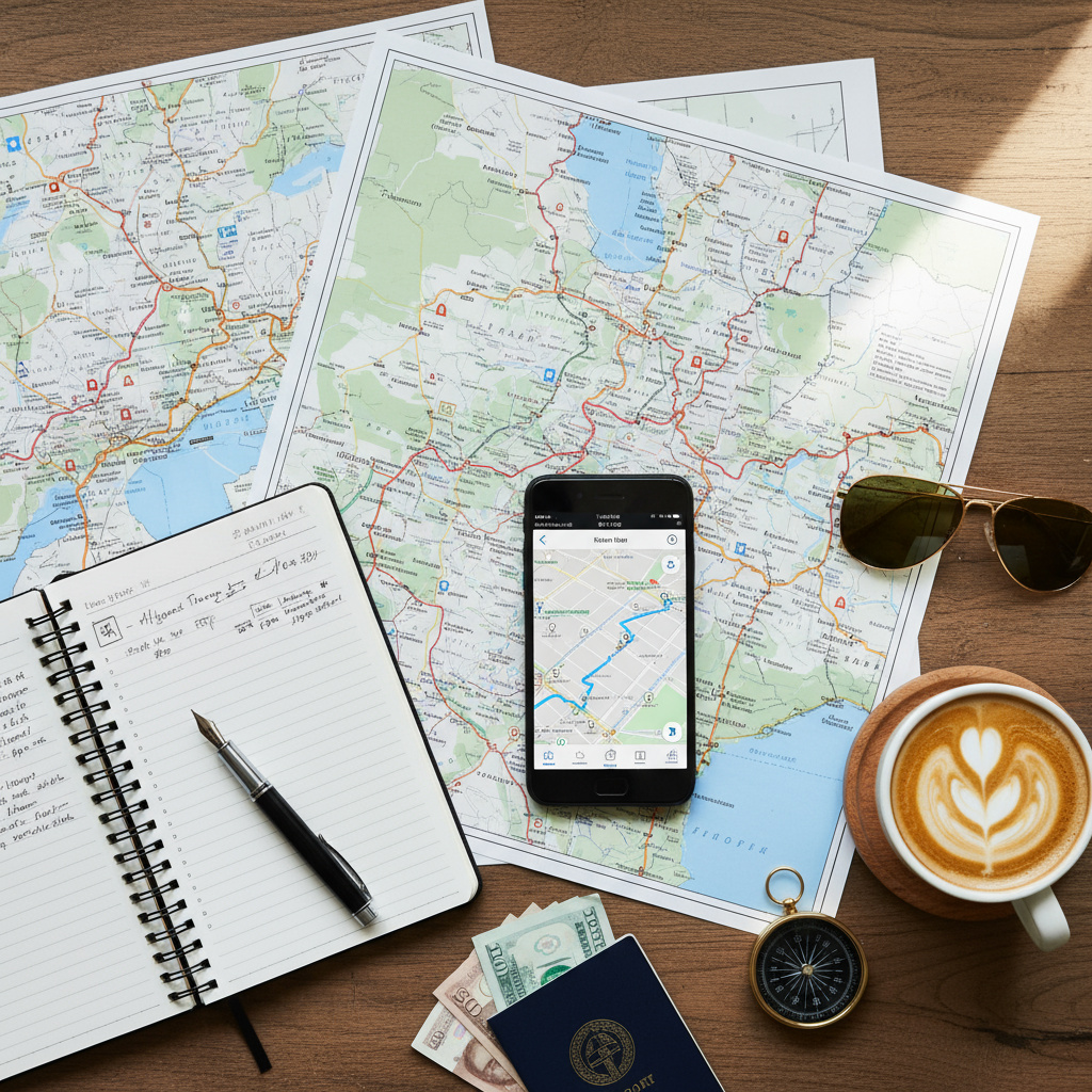 Reiseplanung: Karten, Smartphone und Notizbuch